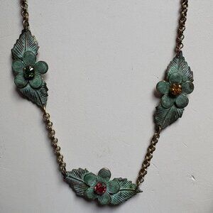 Elaine Coyne Dogwood Necklace–Verdigris Patina Brass w/ Swarovski Crystals–NWT